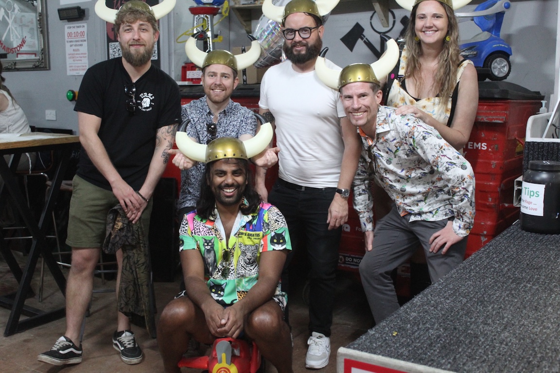 Group enjoying a combo Rage Room and Axe Throwing booking at Rage Out Maidstone, Kent
