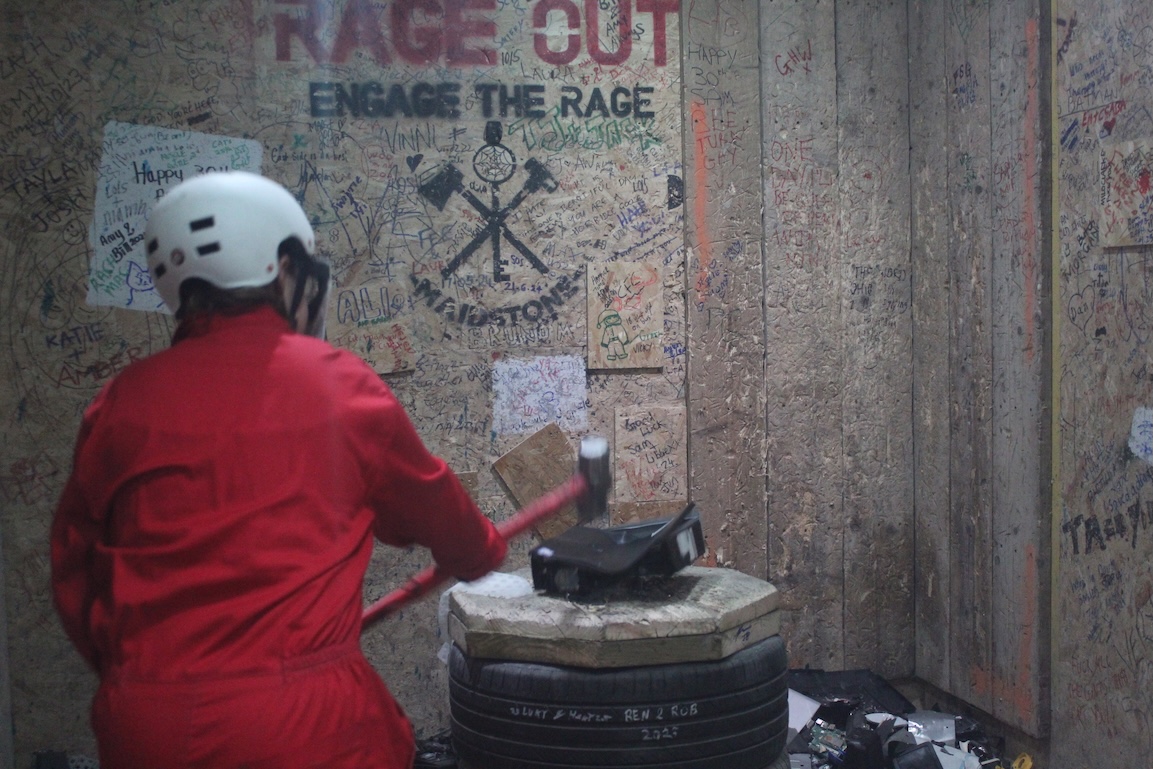 Rage Room smash session in Kent with sledgehammer, crowbar, frying pan and scaffold tube