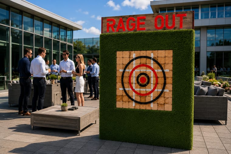 Rage Out mobile axe throwing target on a corporate office terrace with guests in business attire