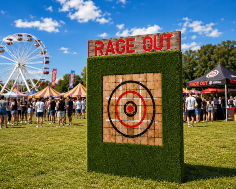 Rage Out mobile axe throwing stall at a busy outdoor festival with a big wheel and marquees behind