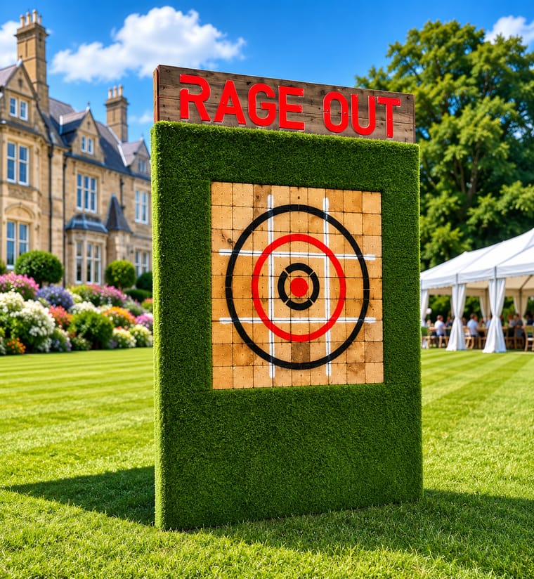 Rage Out mobile axe throwing target set up on the lawn of a country estate beside a wedding marquee