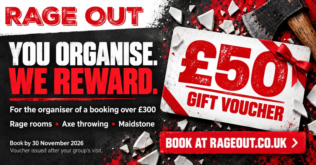 Rage Out — You organise. We reward. £50 gift voucher for the organiser of a booking over £300. Rage rooms and axe throwing, Maidstone. Book by 30 November 2026. Voucher issued after your group's visit.